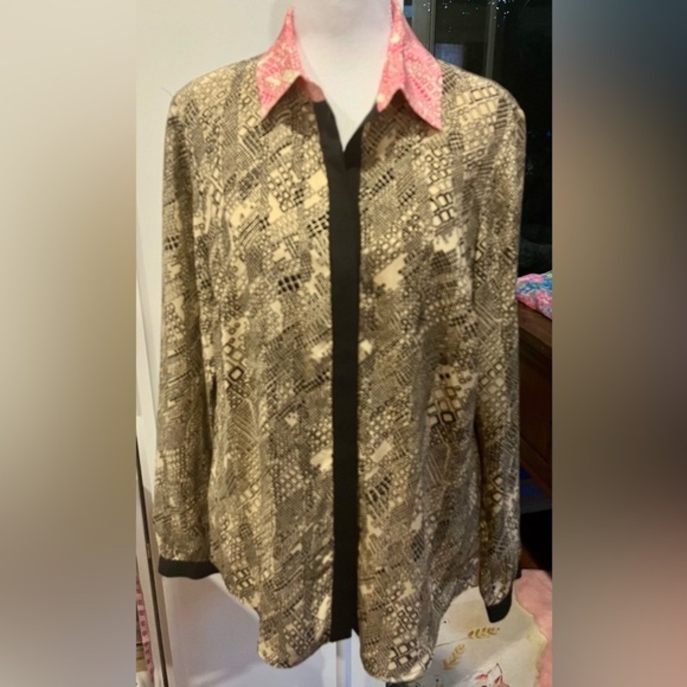 Trina Turk EUC beige black pink silk meadows blouse Size L